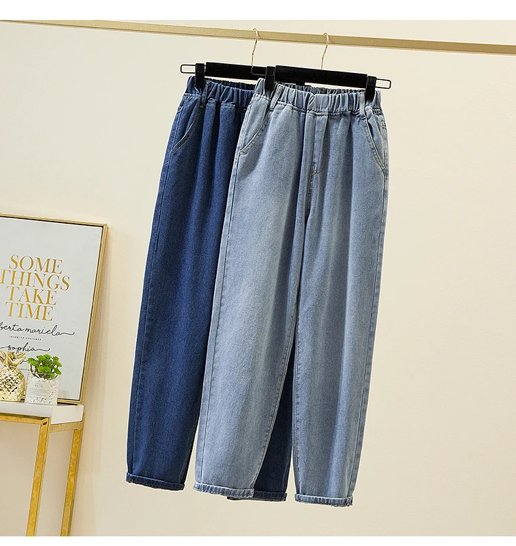 Plus Size Women Jeans 2022 Elastic Waist Loose Denim Pants Ninth Pants Casual Solid Baggy Mom Pants Spring Summer Trousers