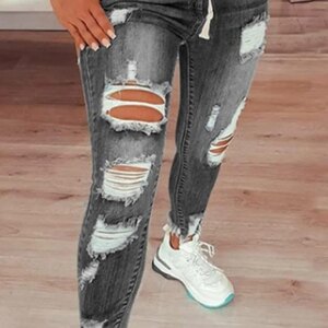 Plus Size Casual Grey Denim Pencil Pants Ripped Pocket Elastic Waist Jeans