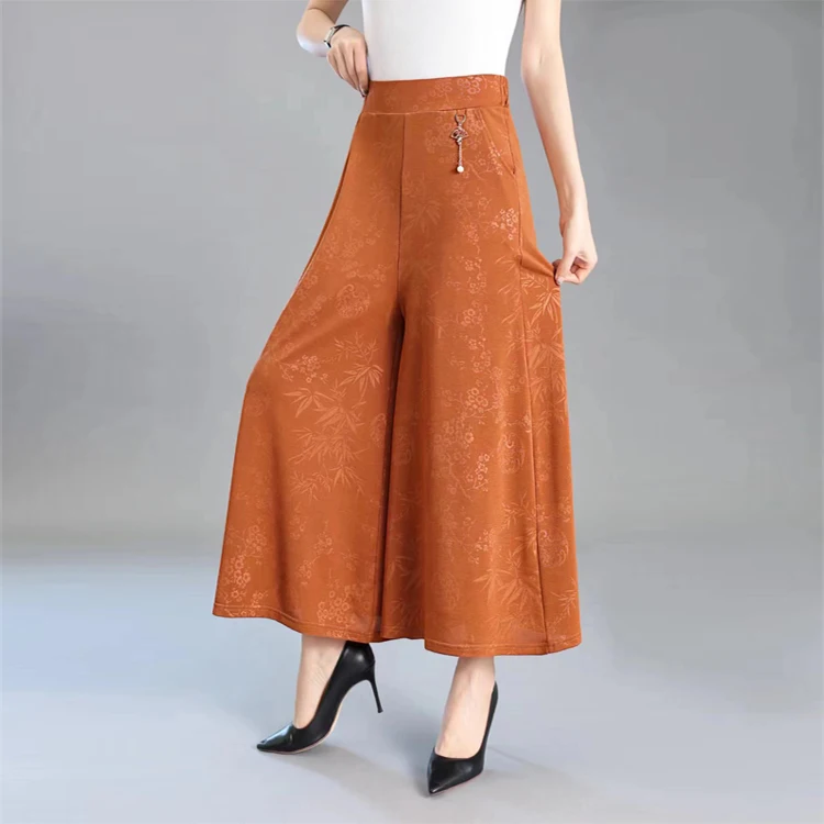 Women's Wide Leg Pants With Small Pendant Plus Size Loose Skirt Pants New Fashionable Bamboo Leaf Flower Women's Clothing
