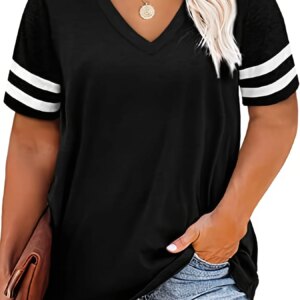 Plus Size Colorblock V Neck T-shirt, Women's Plus Slight Stretch Short Sleeve Casual Tee Plus Size Women Clothing