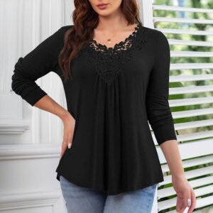 Women Elegant V-Neck Lace Patchwork Pleated T-Shirts Plus Size Autumn/Winter Bottoming Shirt Top Long Sleeve Clothing Streetwear