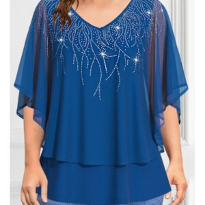Women's Plus Size Short Sleeve T shirt Chiffon V-Neck Sparkly Layered Loose Casual Fashion Summer Tee Top Female Clothing