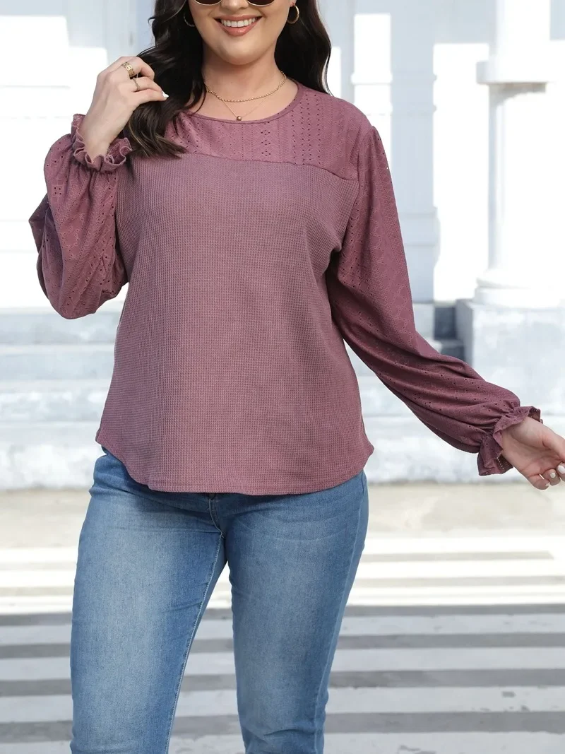 Spring and Autumn Plus Size Women's Solid Color Patchwork Round Neck Loose Casual T-shirt Long Sleeved Fashionable Top
