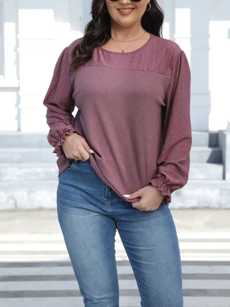 Spring and Autumn Plus Size Women's Solid Color Patchwork Round Neck Loose Casual T-shirt Long Sleeved Fashionable Top
