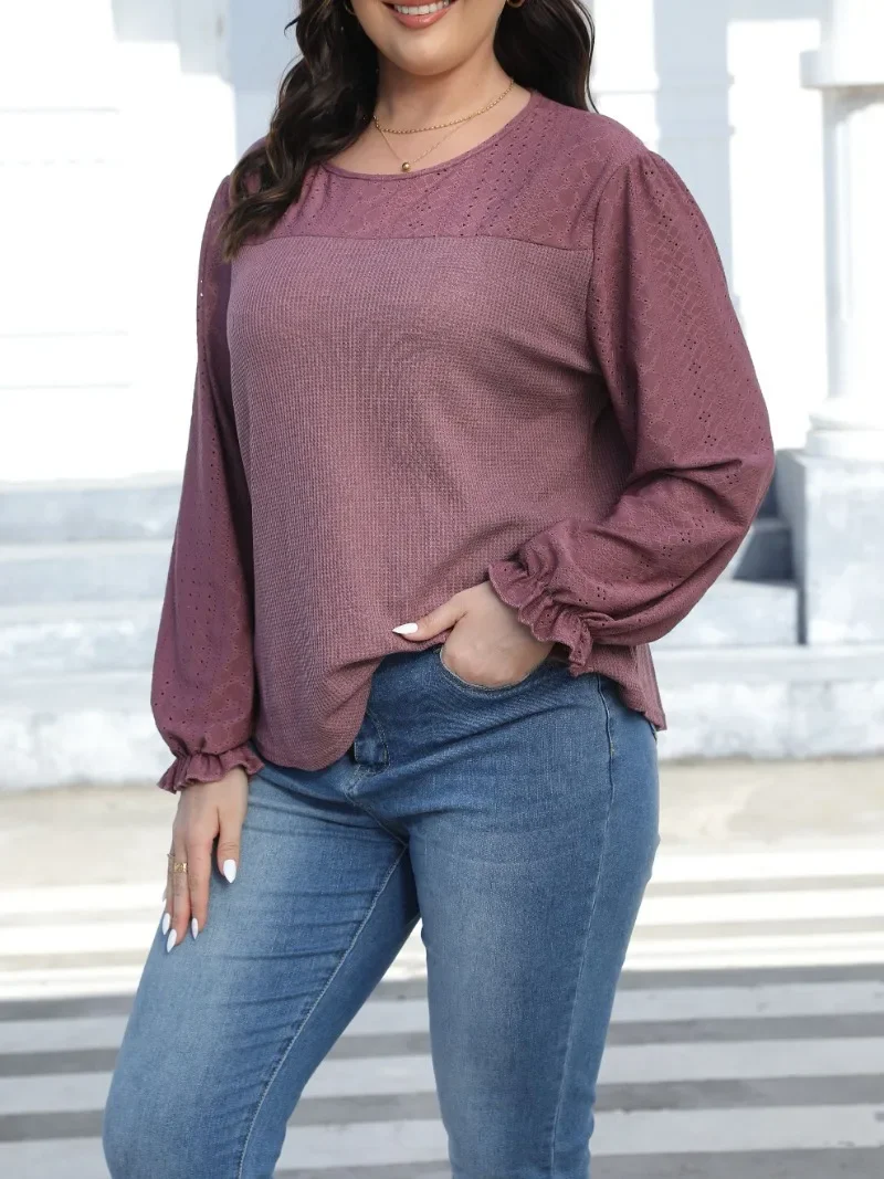 Spring and Autumn Plus Size Women's Solid Color Patchwork Round Neck Loose Casual T-shirt Long Sleeved Fashionable Top