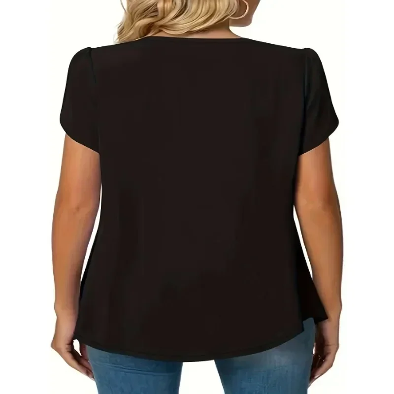 Summer Women's New Plus Size 1XL-5XL Fashionable and Elegant T-shirt Ladies Pleated Casual Solid Color Short Sleeved Shirt