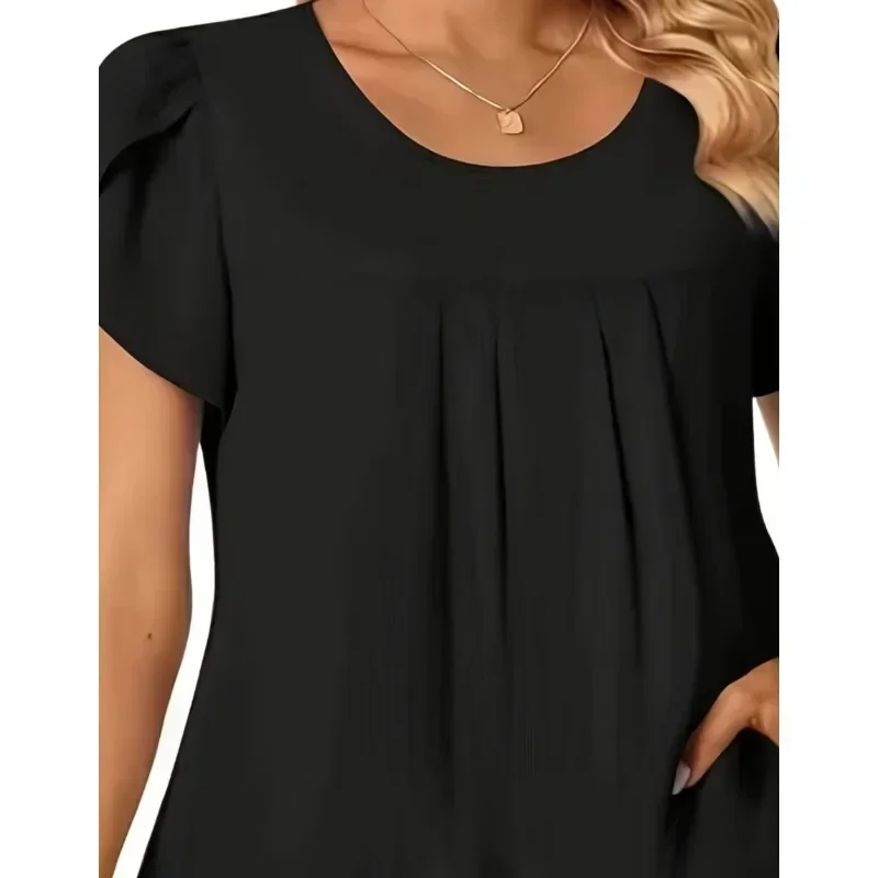 Summer Women's New Plus Size 1XL-5XL Fashionable and Elegant T-shirt Ladies Pleated Casual Solid Color Short Sleeved Shirt