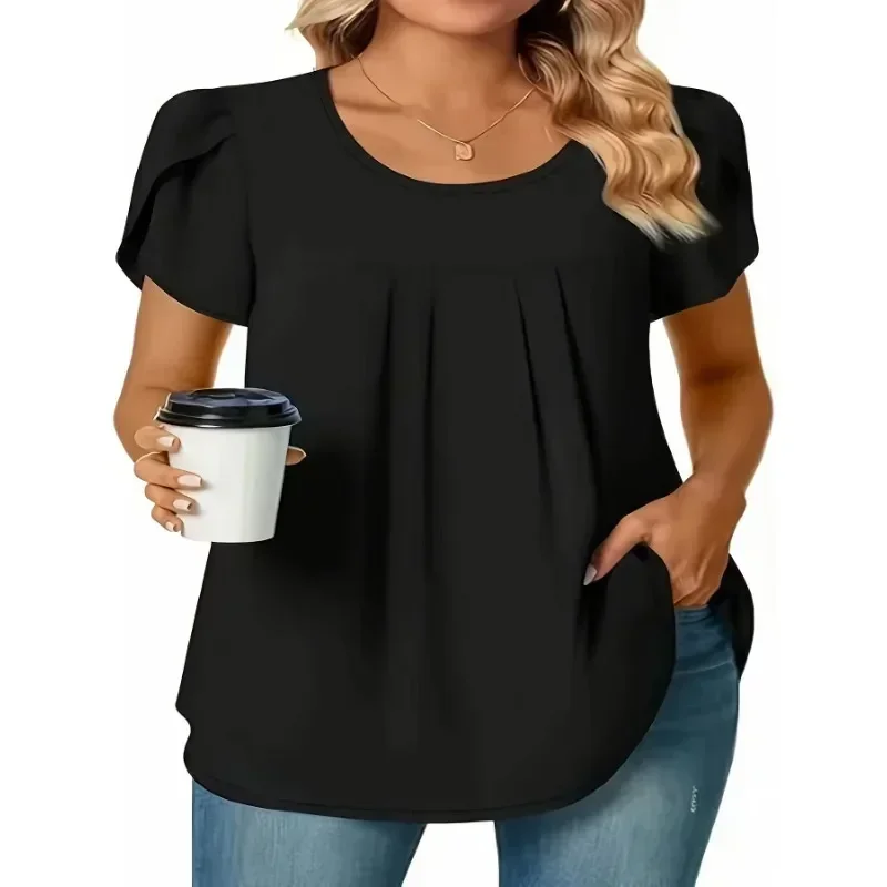 Summer Women's New Plus Size 1XL-5XL Fashionable and Elegant T-shirt Ladies Pleated Casual Solid Color Short Sleeved Shirt