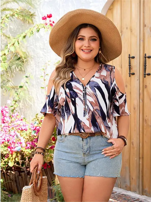 Plus Size V Neck Zipper Women's Blouses Cold Short Sleeves Summer Vacation Tops T-Shirts Casual Loose Tee Oversized Clothing