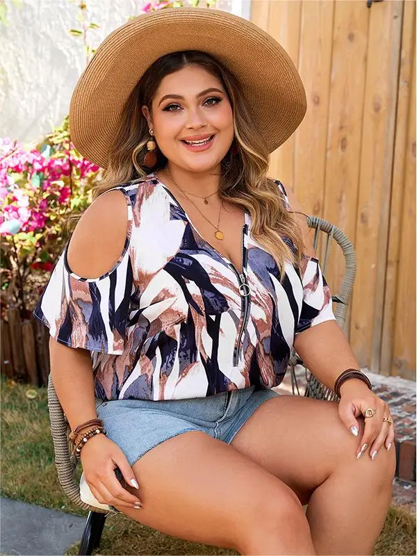 Plus Size V Neck Zipper Women's Blouses Cold Short Sleeves Summer Vacation Tops T-Shirts Casual Loose Tee Oversized Clothing