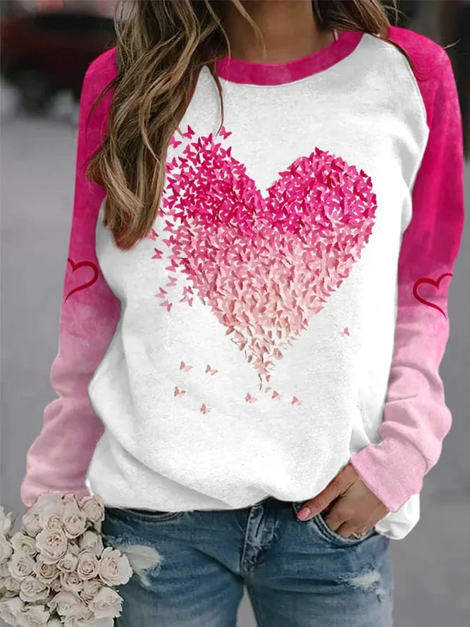 Plus Size Butterfly Print Sports-Shirt Casual Long Sleeve Round Neck Pullover Women's Plus Size Clothing