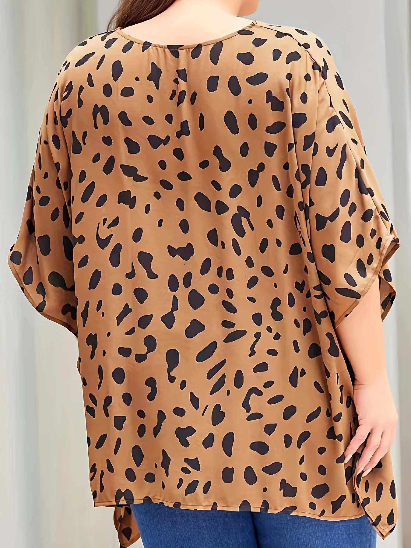 Plus Size Leopard Print Shirt Irregular Hem Round Neck Half Sleeve Casual T-shirt Light And Breathable Casual Home Going Out