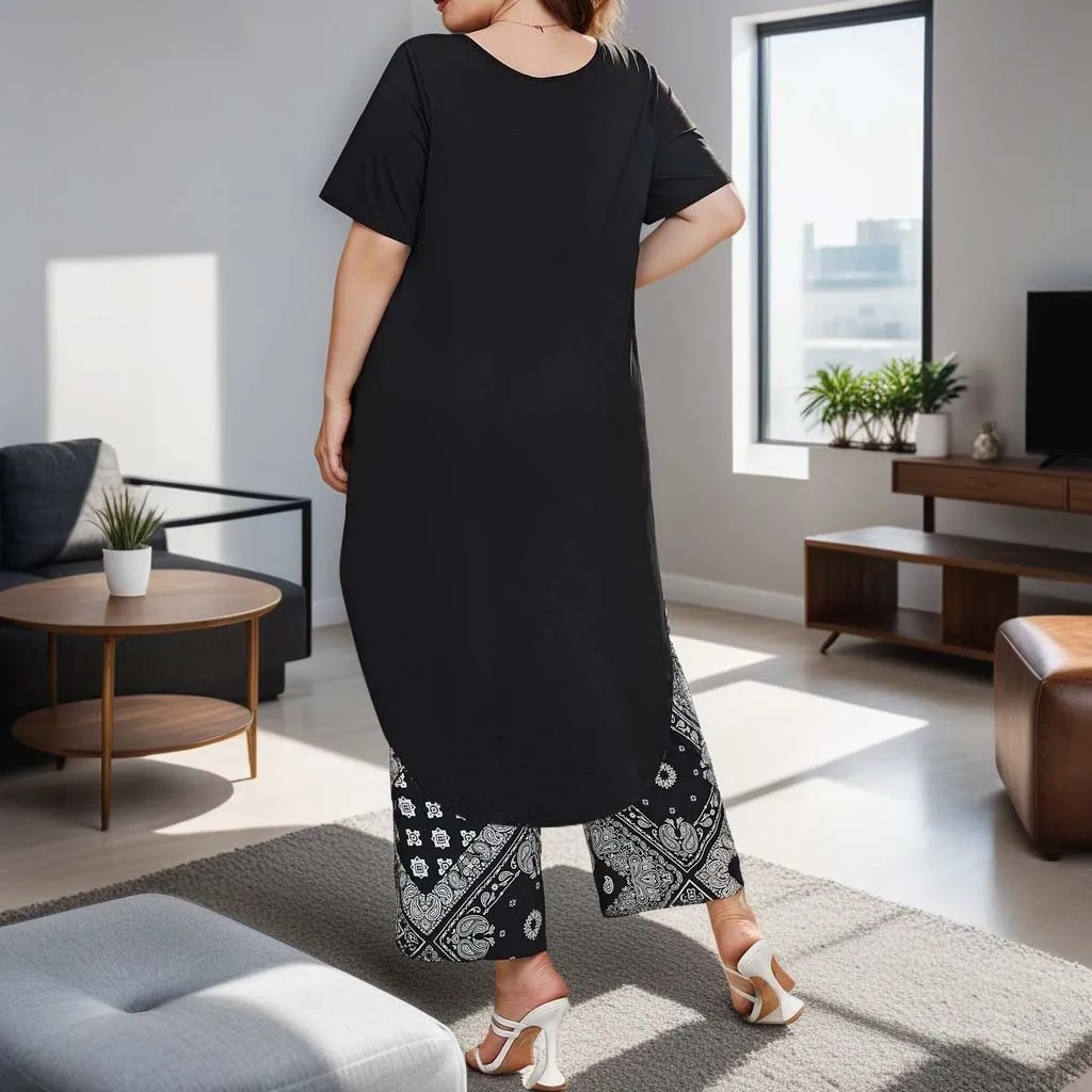 Plus Size Women's Suit Solid Color T-Shirt and Printed Loose Cropped Pants Suit Casual Fashion Women's Clothing