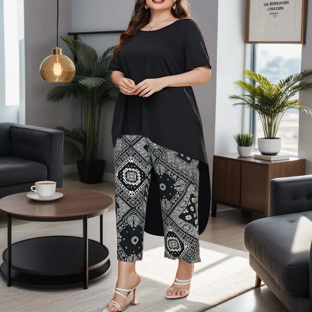 Plus Size Women's Suit Solid Color T-Shirt and Printed Loose Cropped Pants Suit Casual Fashion Women's Clothing