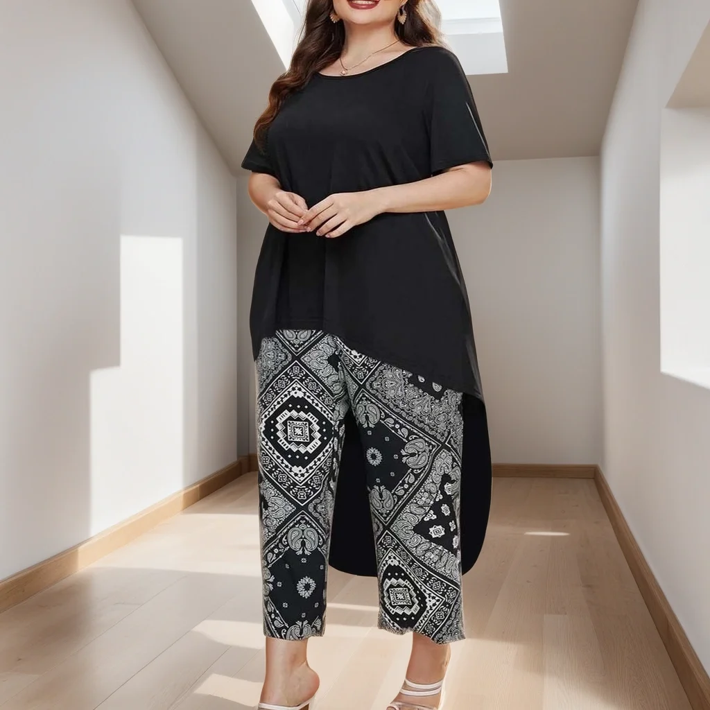 Plus Size Women's Suit Solid Color T-Shirt and Printed Loose Cropped Pants Suit Casual Fashion Women's Clothing