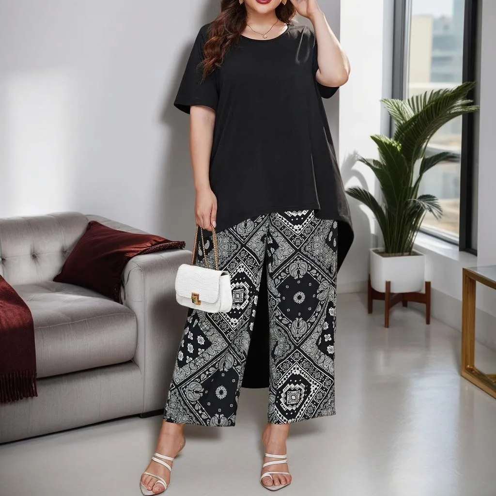 Plus Size Women's Suit Solid Color T-Shirt and Printed Loose Cropped Pants Suit Casual Fashion Women's Clothing