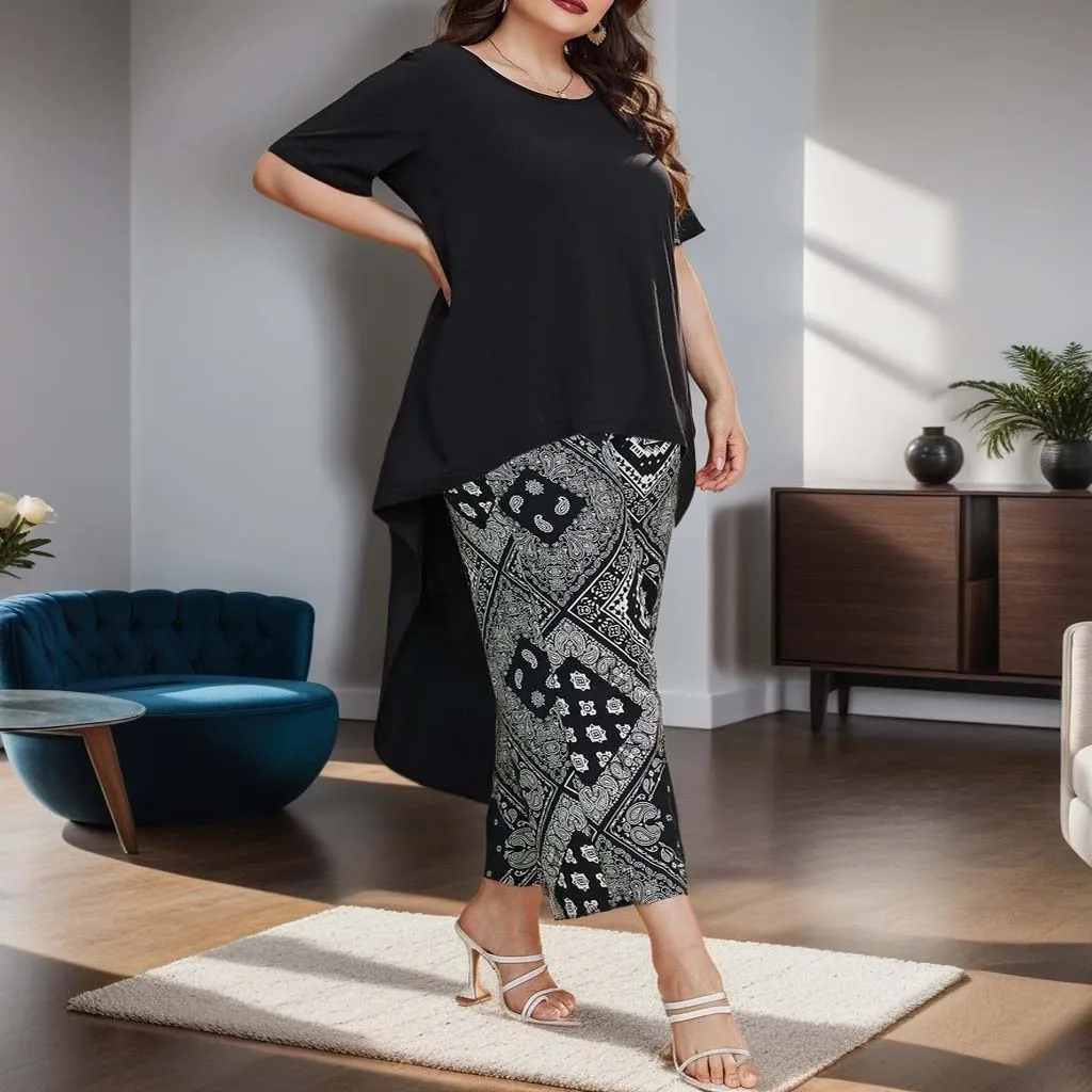 Plus Size Women's Suit Solid Color T-Shirt and Printed Loose Cropped Pants Suit Casual Fashion Women's Clothing