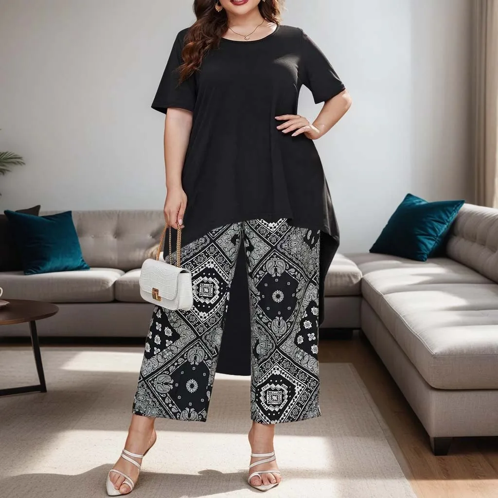 Plus Size Women's Suit Solid Color T-Shirt and Printed Loose Cropped Pants Suit Casual Fashion Women's Clothing