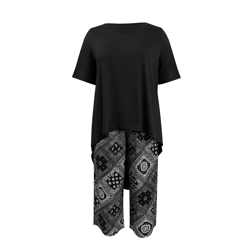 Plus Size Women's Suit Solid Color T-Shirt and Printed Loose Cropped Pants Suit Casual Fashion Women's Clothing