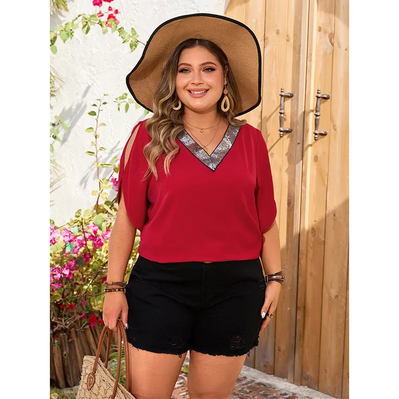 Plus Size Glitter V Neck Women's Blouses Short Sleeves Solid Color Tops T-Shirts Casual Loose Tee Summer Cardigan Clothing