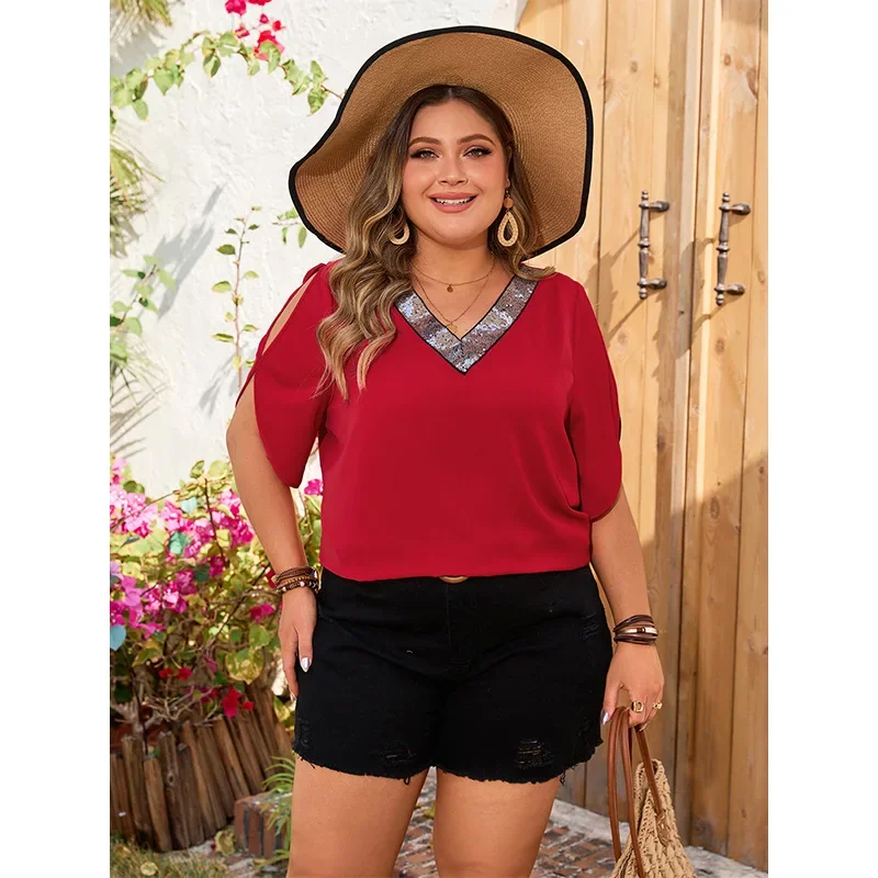 Plus Size Glitter V Neck Women's Blouses Short Sleeves Solid Color Tops T-Shirts Casual Loose Tee Summer Cardigan Clothing