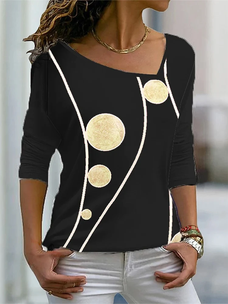 Plus Size 2024 Spring and Summer New Women's Asymmetric Collar Long Sleeve Shirt Irregular Pattern Top