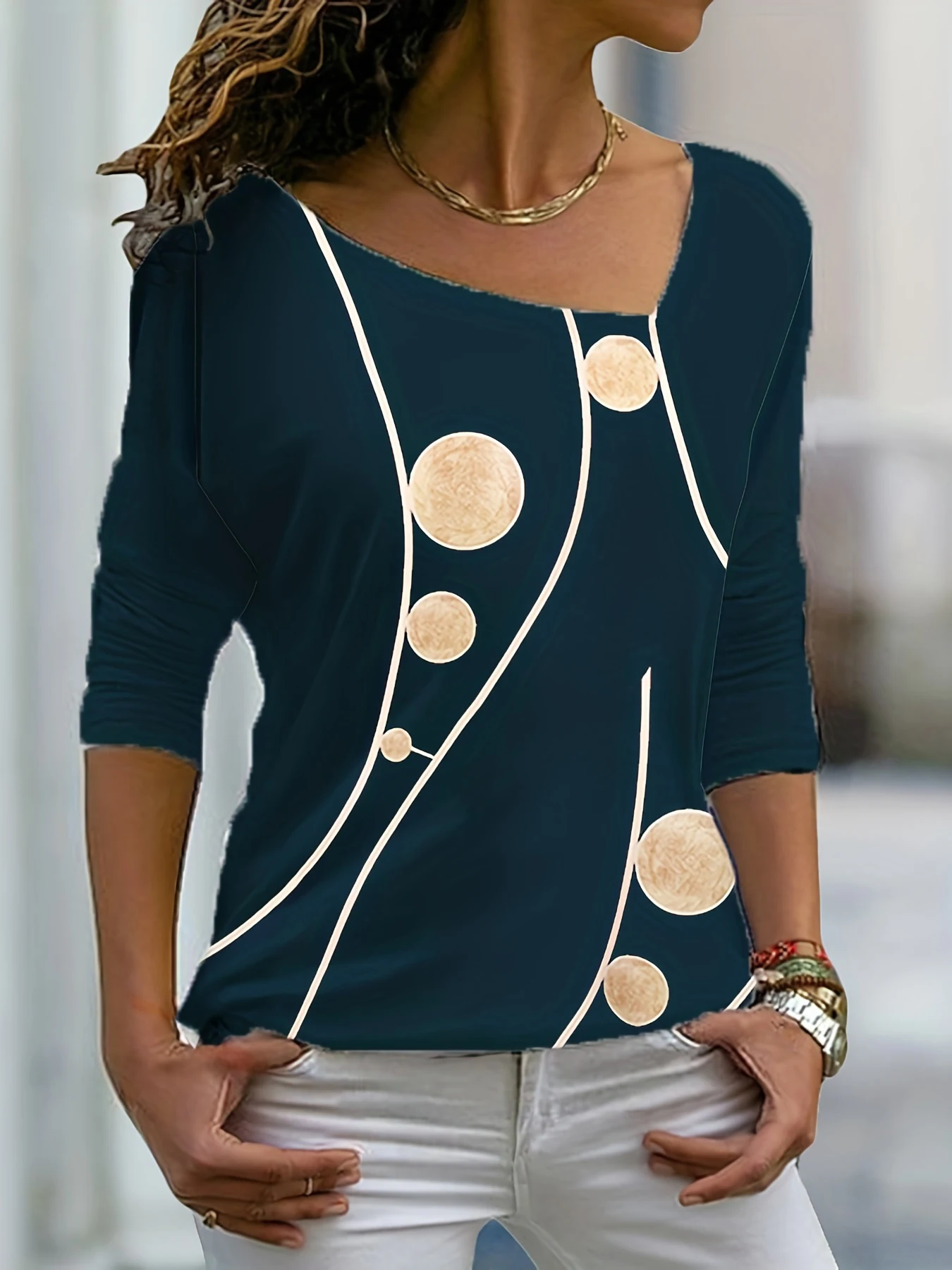 Plus Size 2024 Spring and Summer New Women's Asymmetric Collar Long Sleeve Shirt Irregular Pattern Top