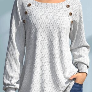 Plus Size Fall Winter Casual White Solid Round Neck Twist Knit Long Sleeve Decorative Button Sweater