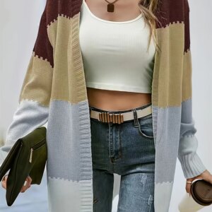 Plus Size 2024 New Women's Colour Block Sweater Cardigan Warm Acrylic Loose Casual Sweater Optimal for Winter