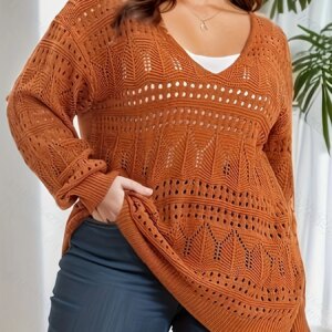 Plus Size Casual Knit Top, Women's Solid Hollow Out Long Sleeve V Neck Sheer Pullover Sweater,Autumn&Winter Sweater