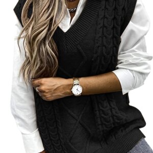 Plus Size Preppy Sweater Vest, Women's Plus Solid Argyle Knit V Neck Slight Stretch Vest