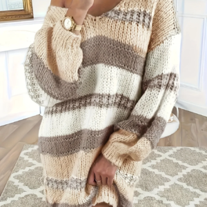 Plus Size Color Block Sweater Dress, Elegant V Neck Long-Sleeved Knitted Dress, Autumn and Winter, Women's Clothing