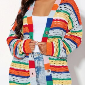 Plus Size Women's Rainbow Stripe Knit Crochet Cardigan Sweater Long Sleeve Autumn Cozy Colorful Jacket