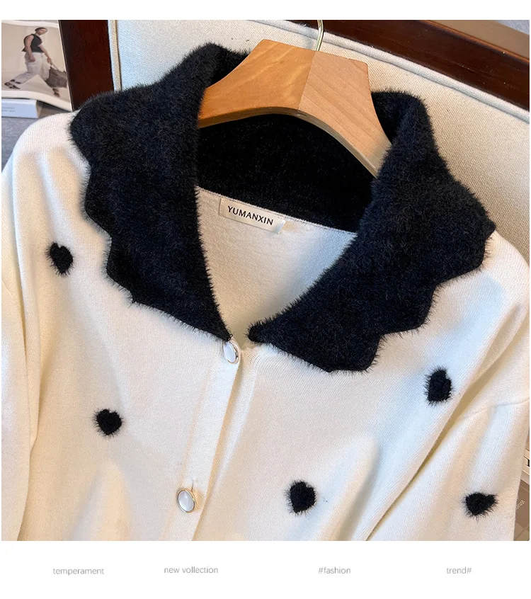 170Kg Plus Size Women's Bust 160 Winter Loose Love Cardigan Lapel Sweater Knitted Jacket Black White 5XL 6XL 7XL 8XL 9XL10XL