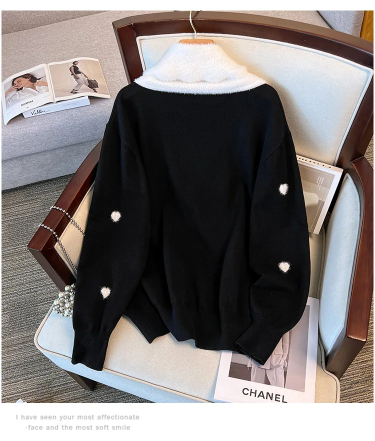 170Kg Plus Size Women's Bust 160 Winter Loose Love Cardigan Lapel Sweater Knitted Jacket Black White 5XL 6XL 7XL 8XL 9XL10XL
