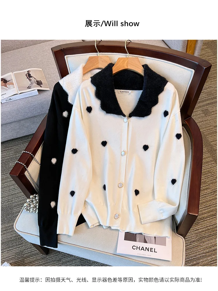 170Kg Plus Size Women's Bust 160 Winter Loose Love Cardigan Lapel Sweater Knitted Jacket Black White 5XL 6XL 7XL 8XL 9XL10XL
