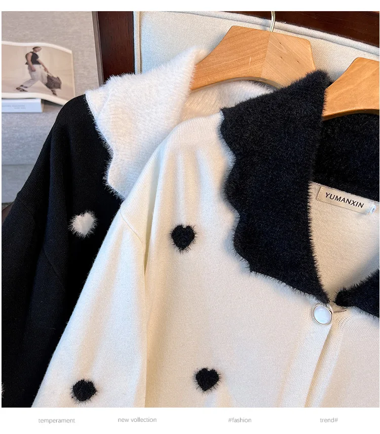 170Kg Plus Size Women's Bust 160 Winter Loose Love Cardigan Lapel Sweater Knitted Jacket Black White 5XL 6XL 7XL 8XL 9XL10XL