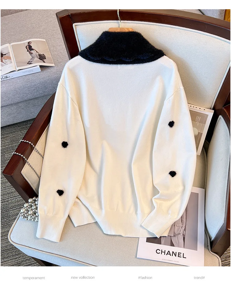 170Kg Plus Size Women's Bust 160 Winter Loose Love Cardigan Lapel Sweater Knitted Jacket Black White 5XL 6XL 7XL 8XL 9XL10XL