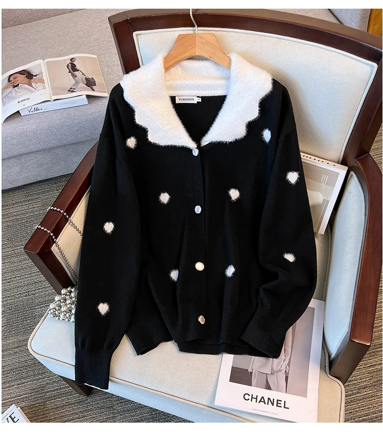 170Kg Plus Size Women's Bust 160 Winter Loose Love Cardigan Lapel Sweater Knitted Jacket Black White 5XL 6XL 7XL 8XL 9XL10XL