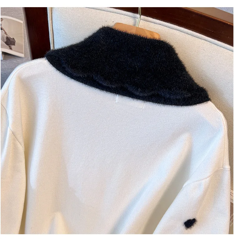170Kg Plus Size Women's Bust 160 Winter Loose Love Cardigan Lapel Sweater Knitted Jacket Black White 5XL 6XL 7XL 8XL 9XL10XL