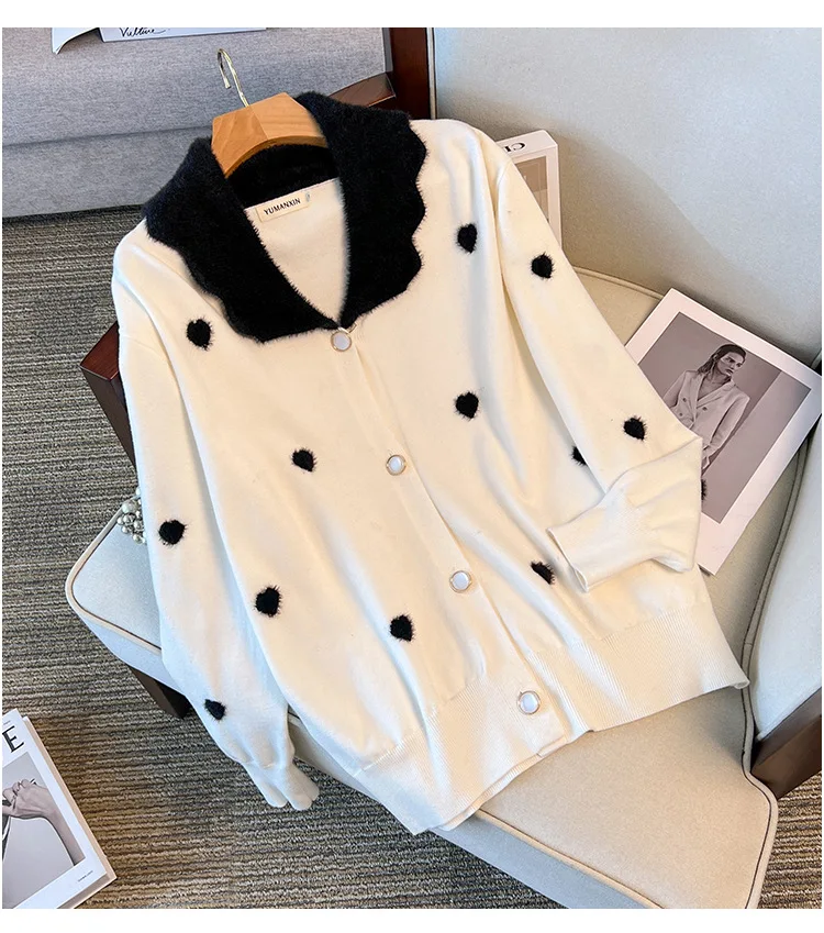 170Kg Plus Size Women's Bust 160 Winter Loose Love Cardigan Lapel Sweater Knitted Jacket Black White 5XL 6XL 7XL 8XL 9XL10XL