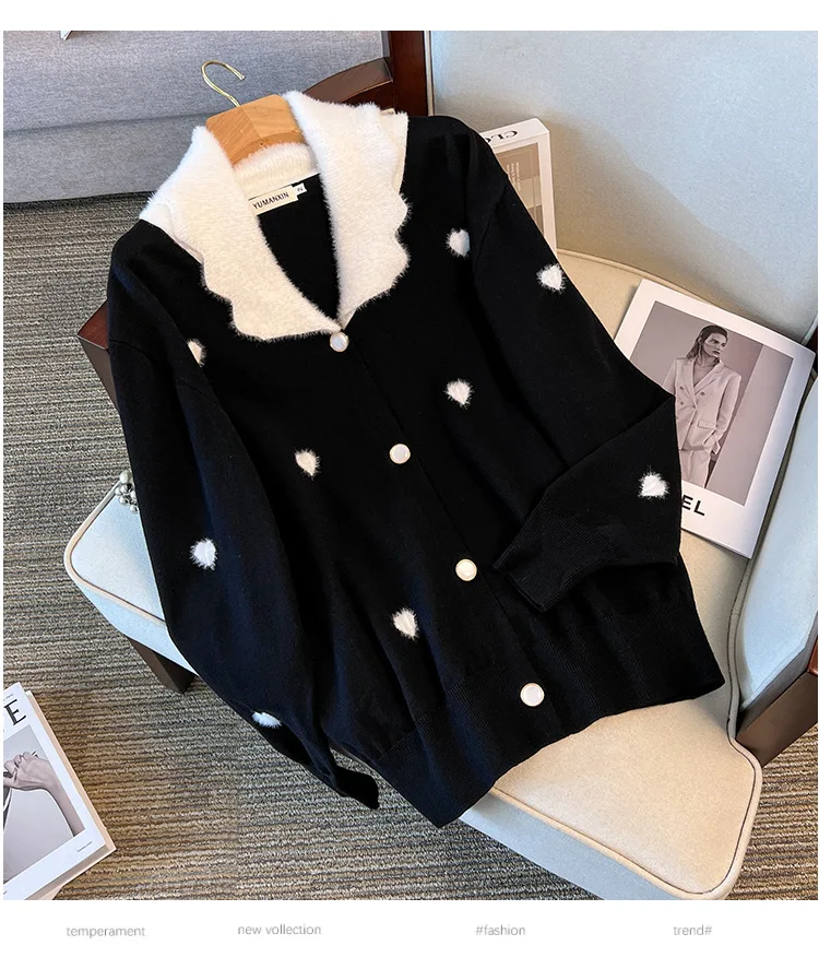 170Kg Plus Size Women's Bust 160 Winter Loose Love Cardigan Lapel Sweater Knitted Jacket Black White 5XL 6XL 7XL 8XL 9XL10XL