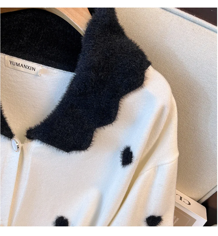 170Kg Plus Size Women's Bust 160 Winter Loose Love Cardigan Lapel Sweater Knitted Jacket Black White 5XL 6XL 7XL 8XL 9XL10XL