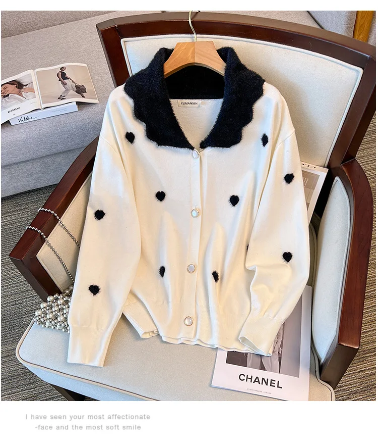 170Kg Plus Size Women's Bust 160 Winter Loose Love Cardigan Lapel Sweater Knitted Jacket Black White 5XL 6XL 7XL 8XL 9XL10XL
