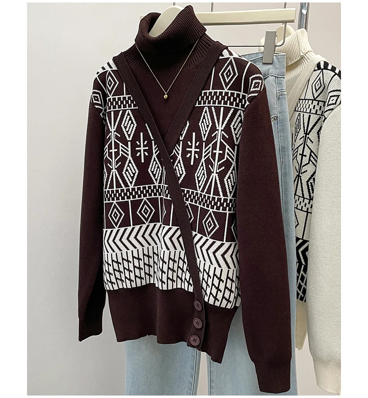 Plus Size Autumn Turtleneck Sweater Tops Women Geometric Print Fashion Irregular Patchwork Ladies Sweaters Loose Woman Sweater