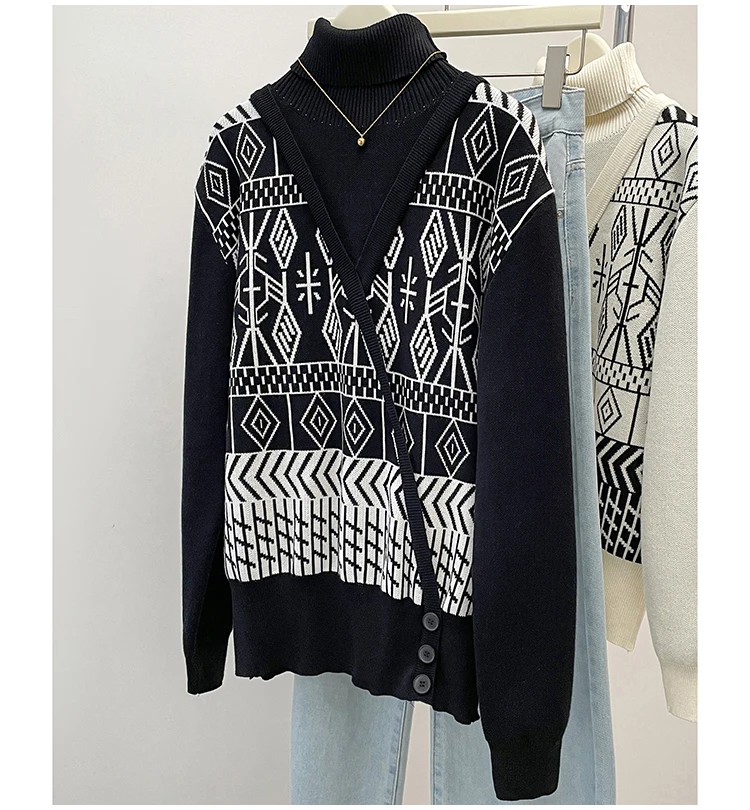 Plus Size Autumn Turtleneck Sweater Tops Women Geometric Print Fashion Irregular Patchwork Ladies Sweaters Loose Woman Sweater