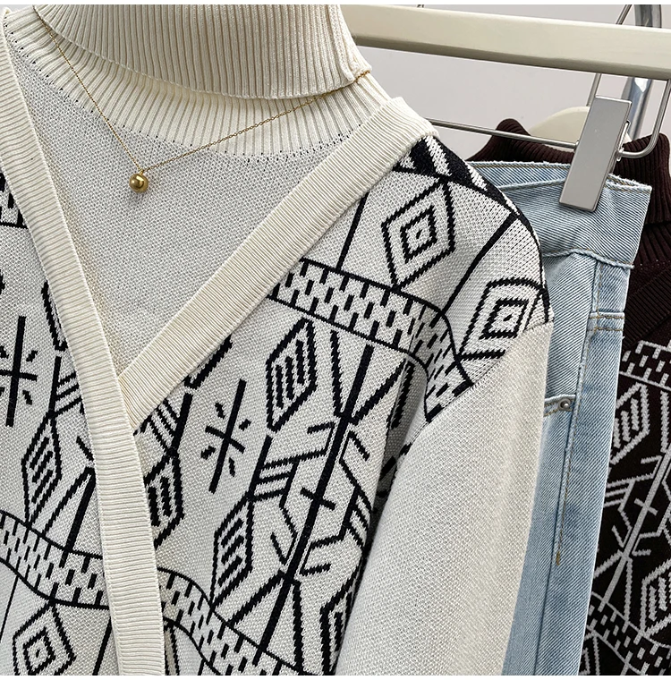 Plus Size Autumn Turtleneck Sweater Tops Women Geometric Print Fashion Irregular Patchwork Ladies Sweaters Loose Woman Sweater