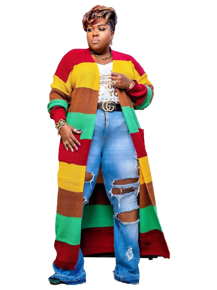 Wmstar Plus Size Outwear Women Cardigans Fall Winter Clothes Sweaters Coat Fashion Long Top with Pockets Wholesale Dropshipping