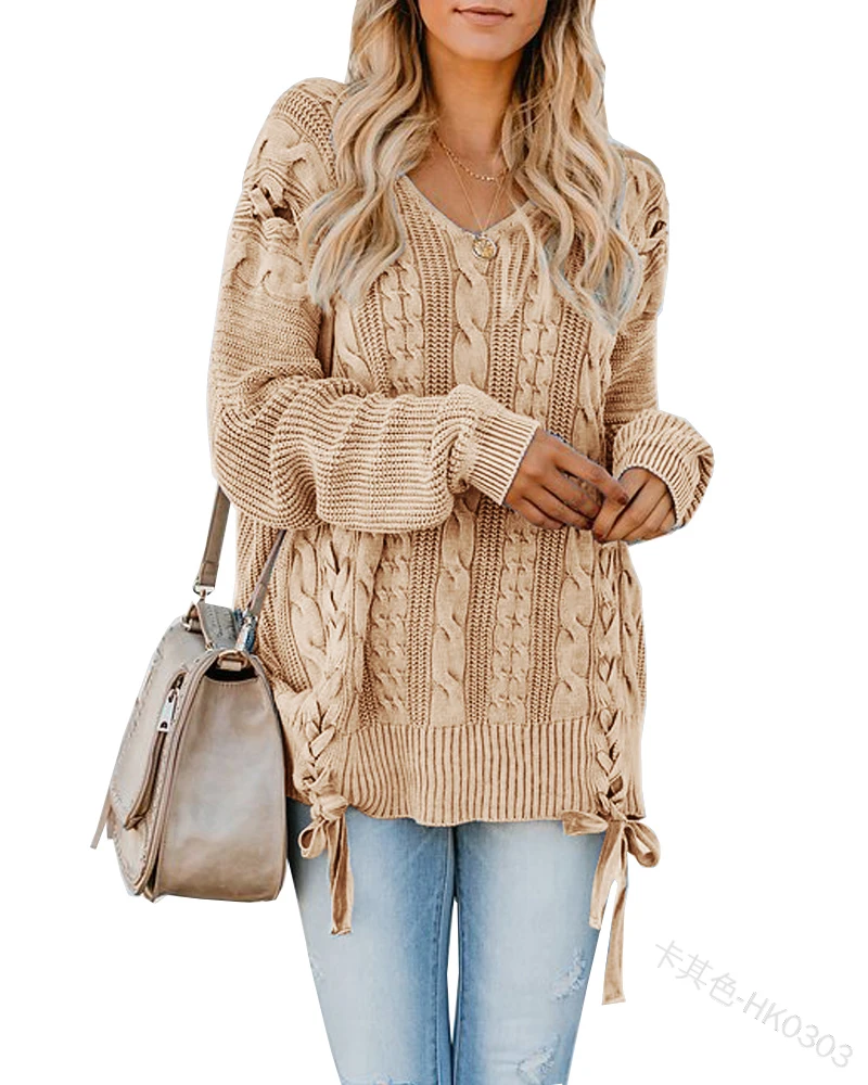 Plus Size Womens Cable Knitted Pullover Sweaters V Neck Lace Up Long Sleeve Fall Jumper Knit Tops Clothes