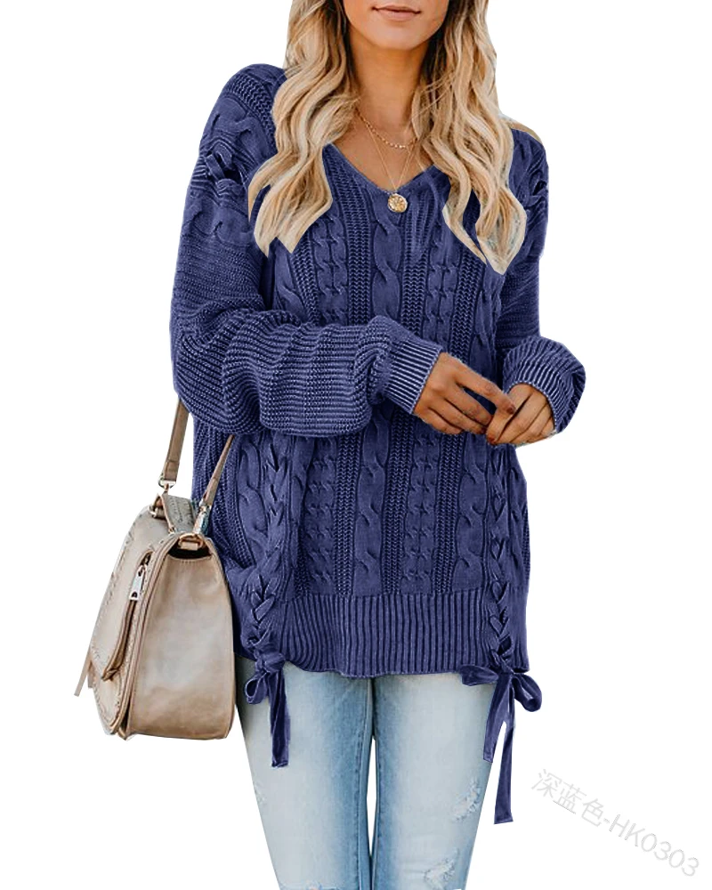 Plus Size Womens Cable Knitted Pullover Sweaters V Neck Lace Up Long Sleeve Fall Jumper Knit Tops Clothes